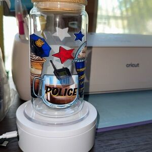 Police Themed Glass Cup with Bamboo lid